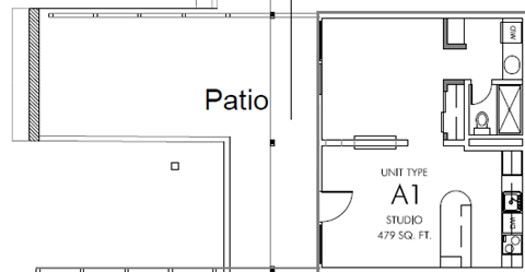 Floor plan for 1 bed, 1 bath, 479 sqft